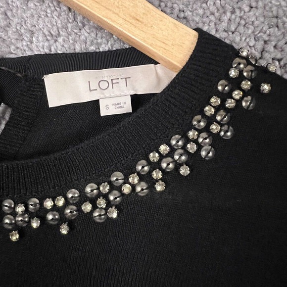 Ann Taylor Loft Sweater Womens Medium Black Rhinestone Neckline 3/4 Sleeve Knit - Picture 3 of 8